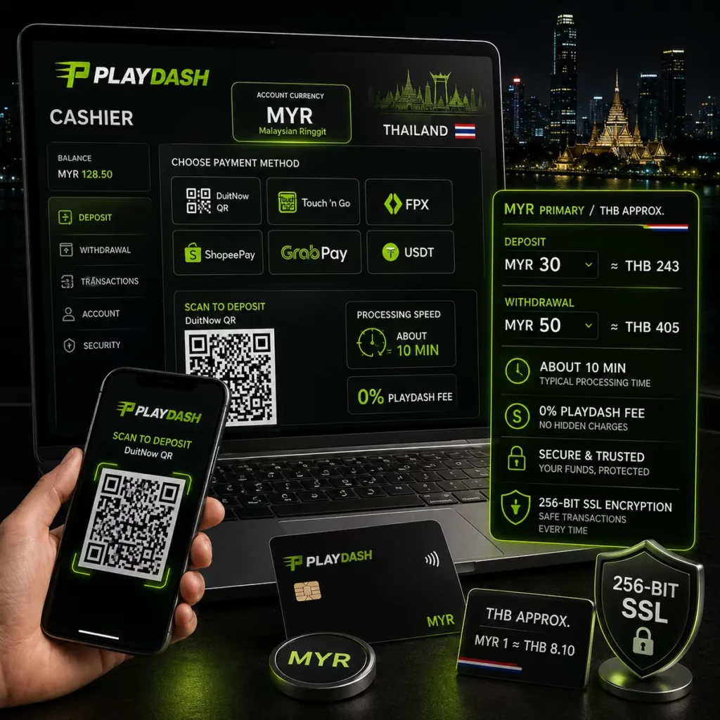 PlayDash Thailand cashier with MYR limits, THB conversions and secure payments