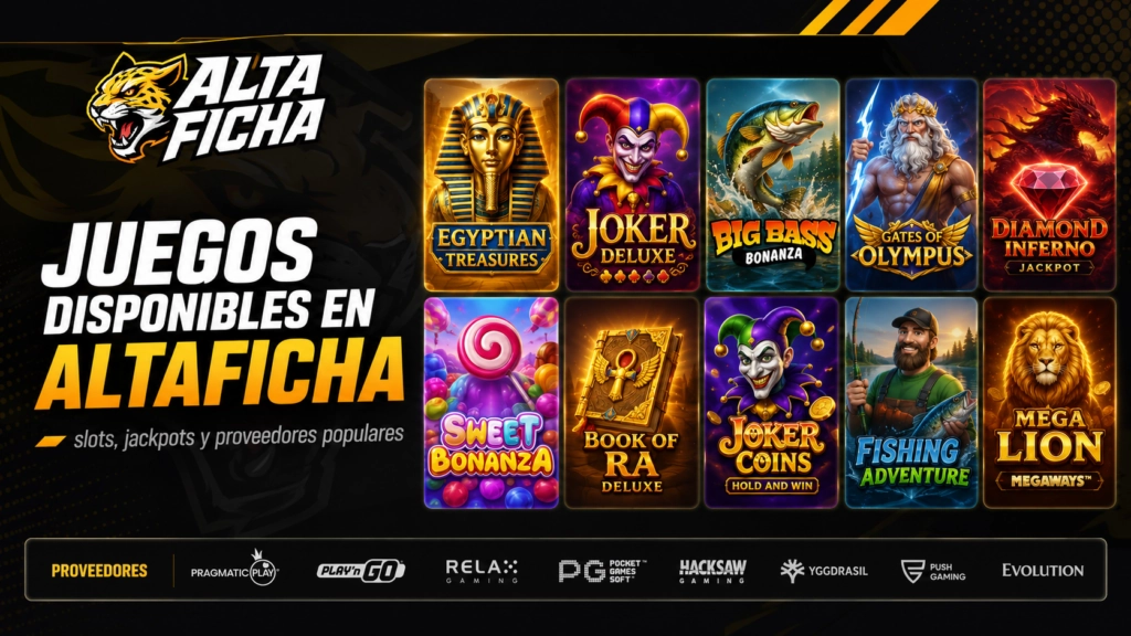 Catálogo de tragamonedas de Altaficha con slots, jackpots y proveedores de juegos online